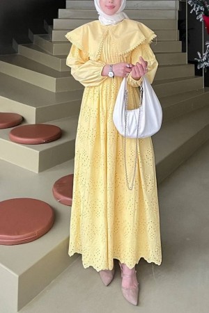 Pelerin Yaka Dantel Detaylı Elbise  -Sarı