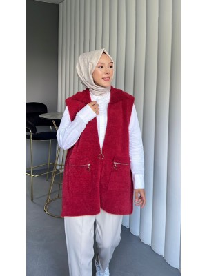Önü Fermuarlı Torba Cepli Sakallı Yelek -Kırmızı