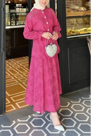 Belden Sıkmalı Omuzu Taş Detaylı Fistolu Takım  -Fuşya