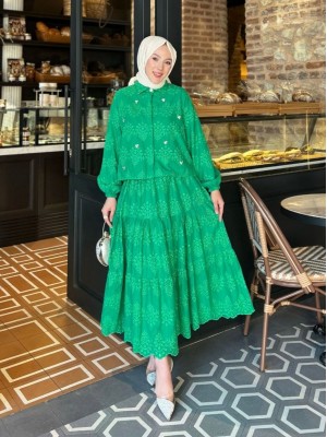 Fisto Detaylı Etekli Takım  -Yeşil