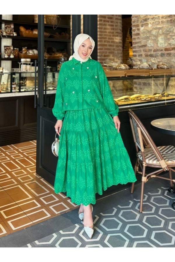 Skirted Suit with Scallop Detail  -Green