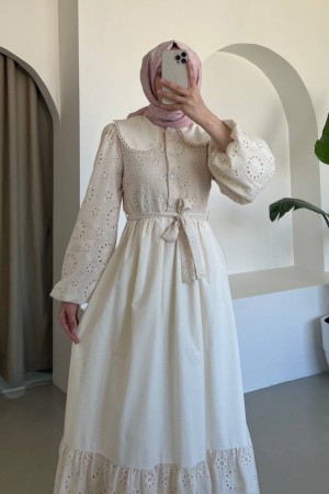 Baby Collar Half Buttoned Scalloped Dress - Beige