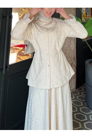 Waist Tight Shoulder Stone Detailed Scalloped Suit  - Beige
