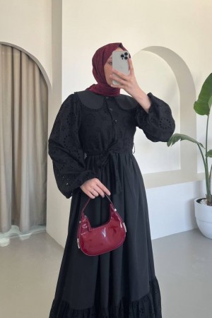 Baby Collar Half Buttoned Scalloped Dress -Black