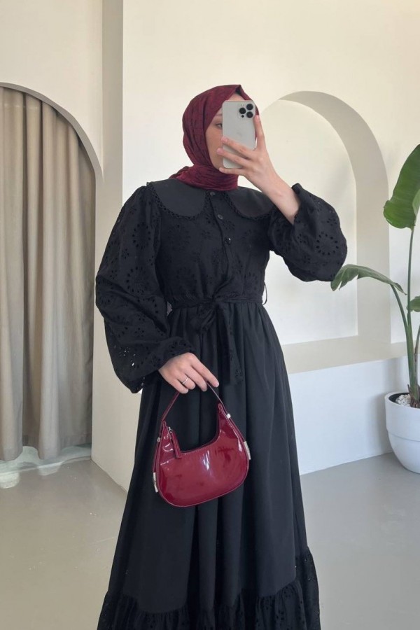 Bebe Yaka Yarım Düğmeli Fistolu Elbise  -Siyah