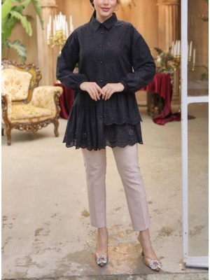 Fırfır Ve Fisto Detaylı İnci Düğmeli Gömlek -Siyah