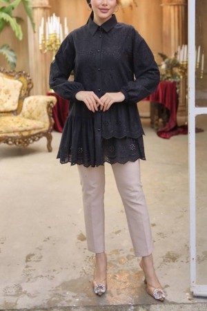 Pearl Button Shirt with Ruffle and Scallop Detail -Black