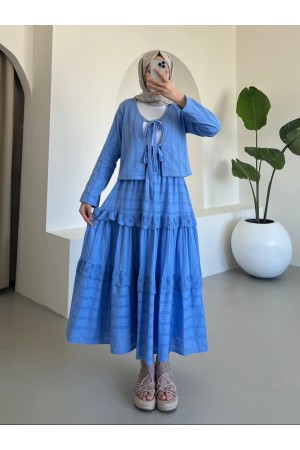 Front Tied Scallop Skirted Suit -Blue