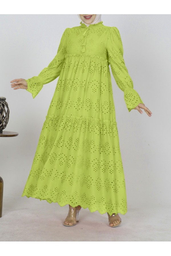 Lace Detailed Lined Layered Openwork Dress -Apple Green