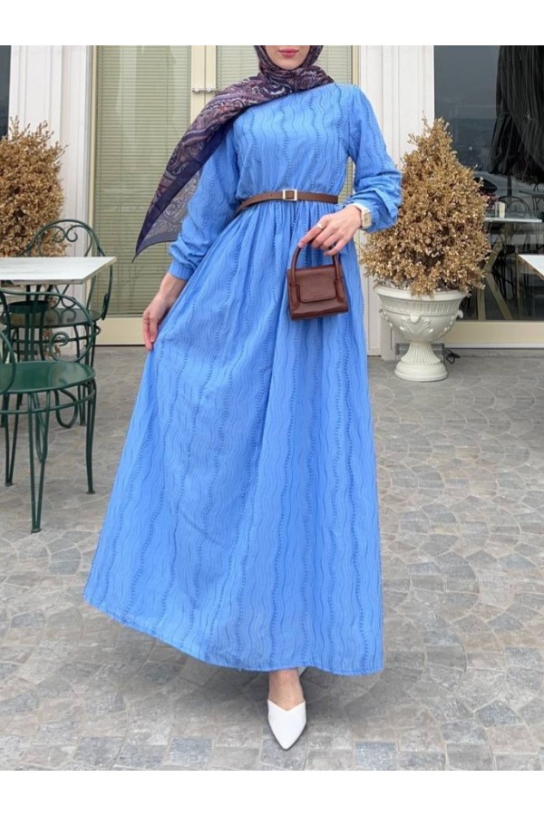 Elastic Waist Lace-Up Cuff Dress -Blue