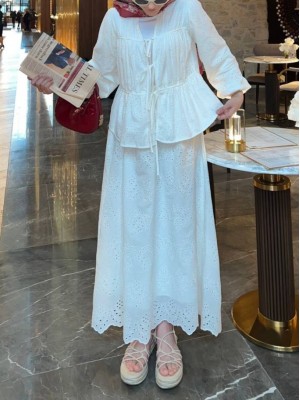 Elastic Sleeves, Front Tie, Lined Kimono Set -White