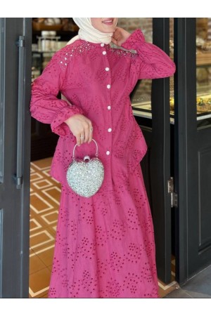 Waist Tight Shoulder Stone Detailed Scalloped Suit  -فوشيا