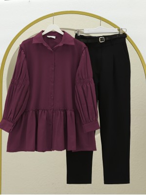 Koldan Büzgülü Fırfır Detaylı Gömlek -Bordo