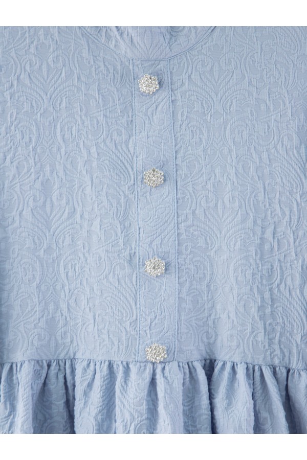 Front Stoned Button Detailed Pieced Back Zippered Tunic -Baby Blue