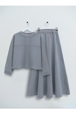 Üç İplik Şardonlu Etekli Takım -Gri