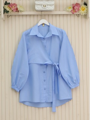 Çapraz Bağlamalı Kolu Lastikli Düğmeli Gömlek -Bebe Mavi