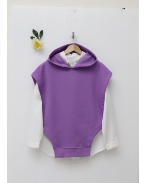 Hooded Three Thread Raised Trousers Set - Purple