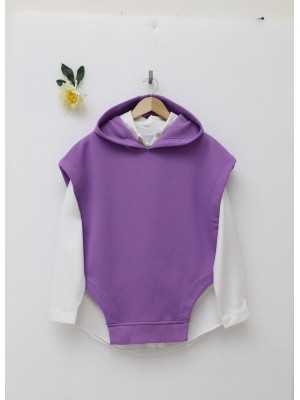 Kapüşonlu Üç İplik Şardonlu Pantolonlu Takım -Mor