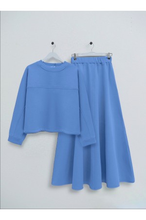 Üç İplik Şardonlu Etekli Takım -Mavi