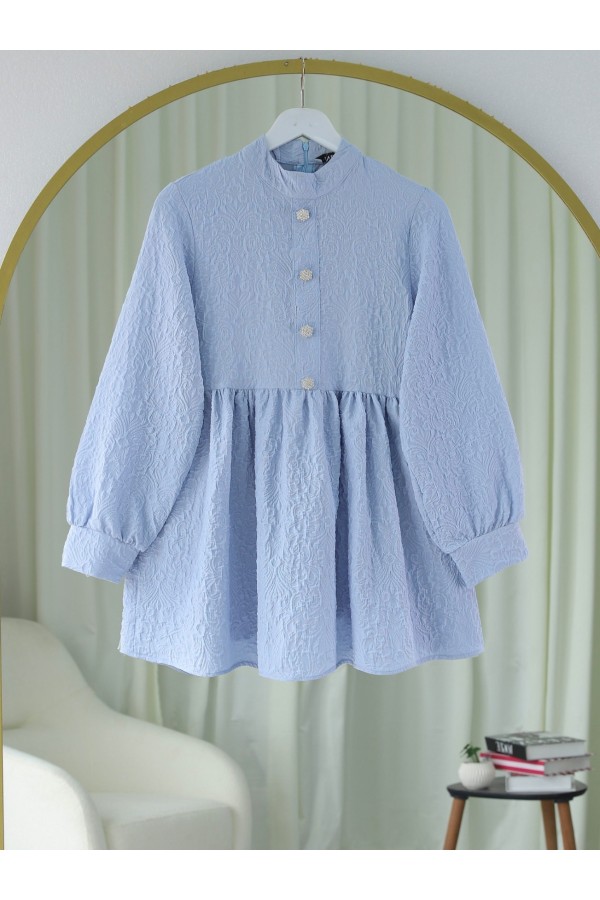 Front Stoned Button Detailed Pieced Back Zippered Tunic -Baby Blue