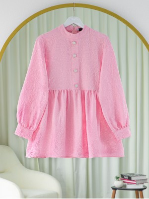 Front Stoned Button Detailed Pieced Back Zippered Tunic -Pink