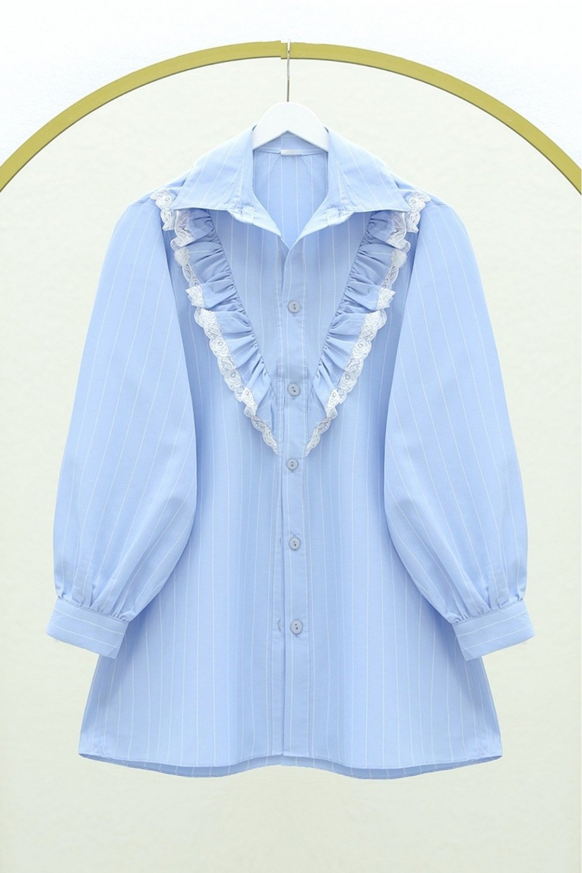 Buttoned Front Laced Ruffle Striped Shirt -Baby Blue