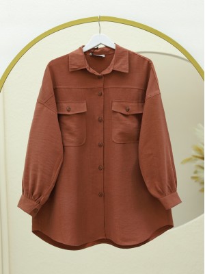 Çift Cepli Boydan Düğmeli Gömlek -Kiremit