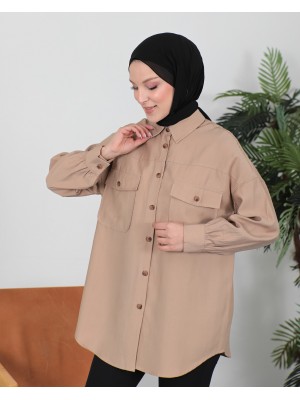 Double Pocket Button Down Shirt -Mink color