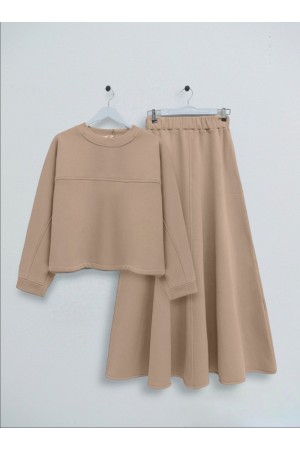 Üç İplik Şardonlu Etekli Takım -Vizon