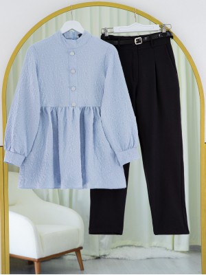 Front Stoned Button Detailed Pieced Back Zippered Tunic -Baby Blue