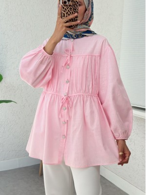Taşlı Düğmeli Kolu Lastikli Bağlama Detaylı Gömlek  -Pembe