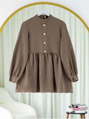 Önü Taşlı Düğme Detaylı Parçalı Arkası Fermuarlı Tunik -Açık Kahve