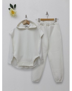 Hooded Three Thread Raised Trousers Set -Ecru