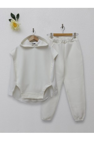 Kapüşonlu Üç İplik Şardonlu Pantolonlu Takım -Ekru