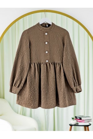 Front Stoned Button Detailed Pieced Back Zippered Tunic -Light coffee