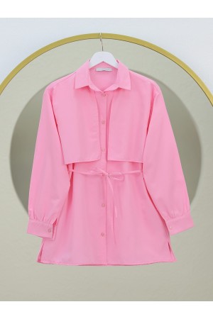 Bolero Detaylı Beli Bağlamalı Yırtmaçlı Gömlek  -Pembe
