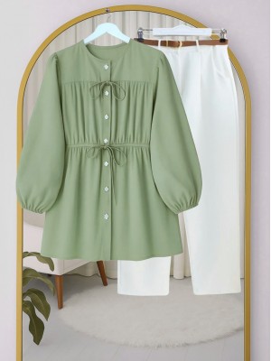 Taşlı Düğmeli Kolu Lastikli Bağlama Detaylı Gömlek -Su Yeşili