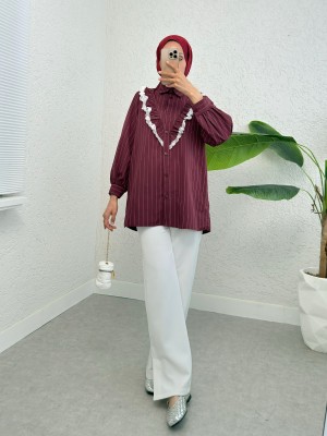 Boydan Düğmeli Önü Dantelli Fırfırlı Çizgili Gömlek -Bordo