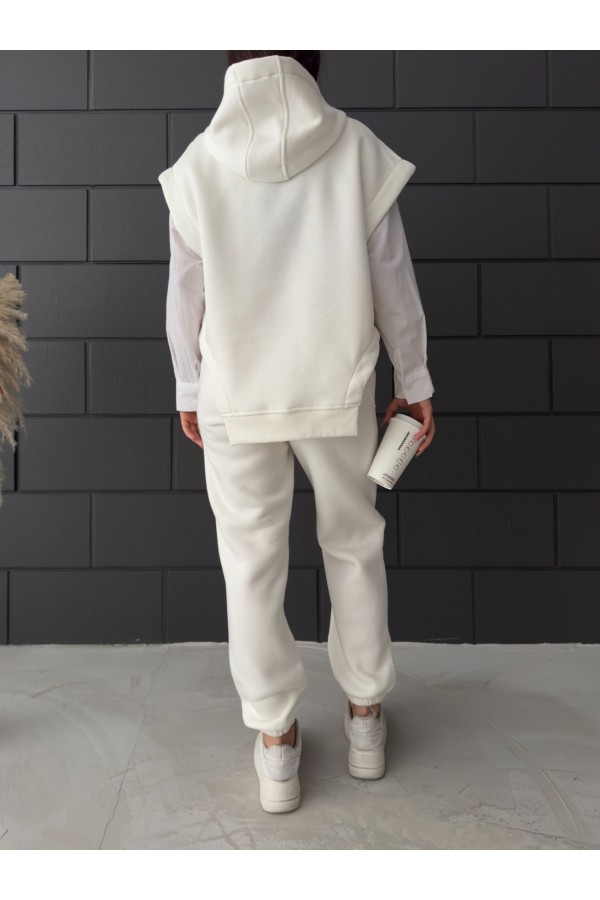 Hooded Three Thread Raised Trousers Set -Ecru