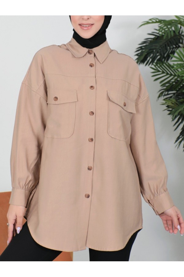 Double Pocket Button Down Shirt -Mink color
