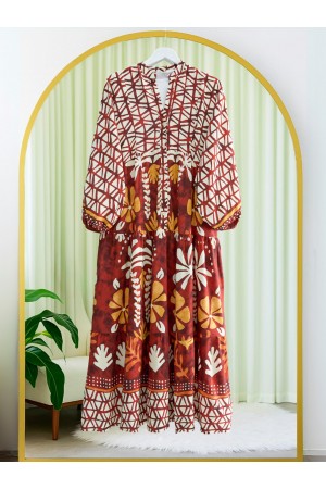 Kolu Lastikli Dik Yaka Yarım Düğmeli Viskon Elbise -Turuncu