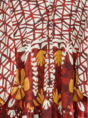 Kolu Lastikli Dik Yaka Yarım Düğmeli Viskon Elbise -Turuncu