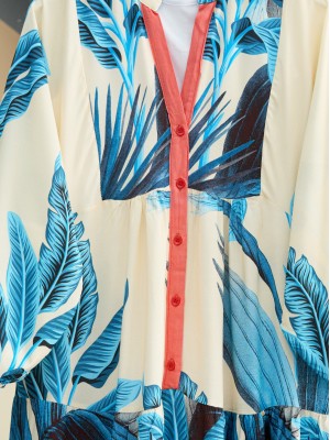 High Collar Half Buttoned Viscose Dress with Elastic Sleeves -İndigo