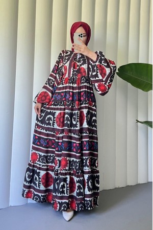 V Yaka Bağcıklı Yarasa Kol Viskon Elbise -Bordo