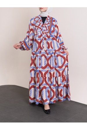 Kolu Lastikli Dik Yaka Yarım Düğmeli Viskon Elbise -Bordo