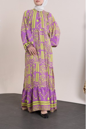 V-Neck Lace-Up Bat Sleeve Viscose Dress -PISTACHIO GREEN