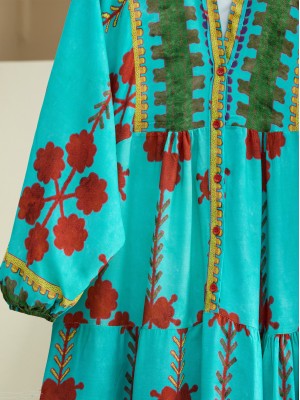 High Collar Half Buttoned Viscose Dress with Elastic Sleeves - Turquoise