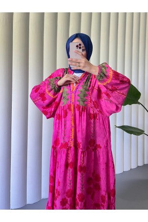 Kolu Lastikli Dik Yaka Yarım Düğmeli Viskon Elbise -Pembe