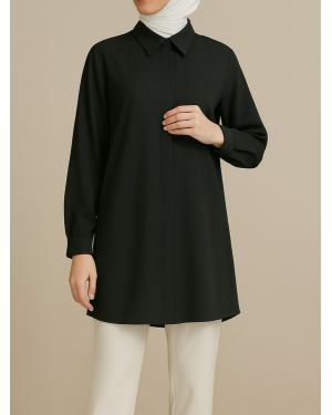 Hidden Button Classic Collar Shirt Tunic -Black