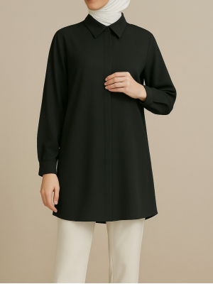 Gizli Düğmeli Klasik Yaka Gömlek Tunik -Siyah